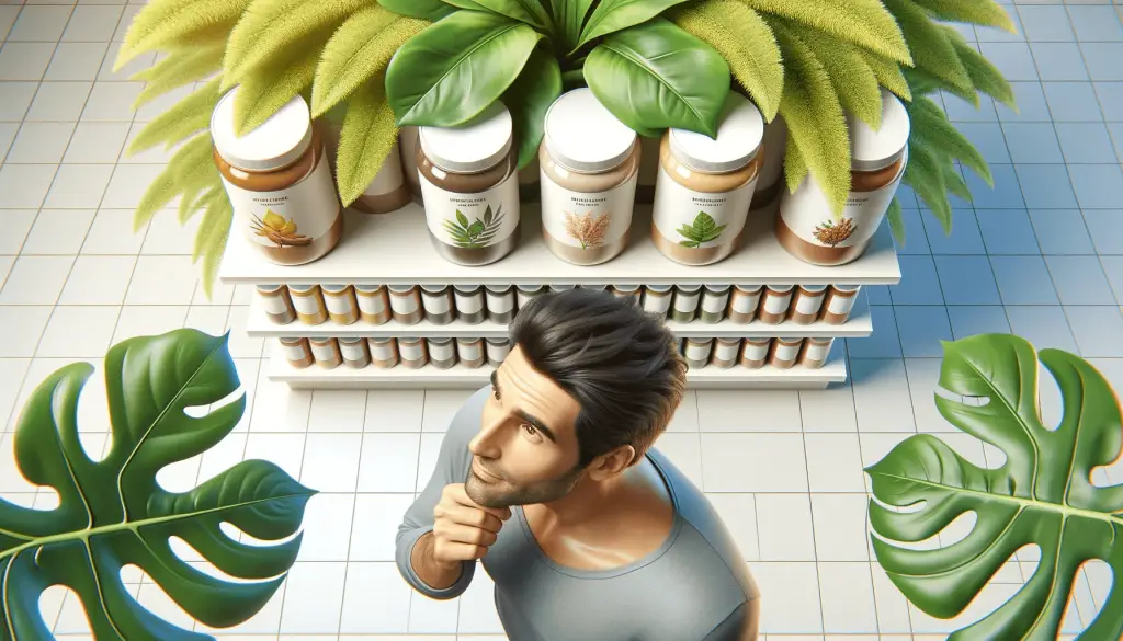 Informative image of a young man with a questioning expression in a supermarket, looking at two different superfood powders.