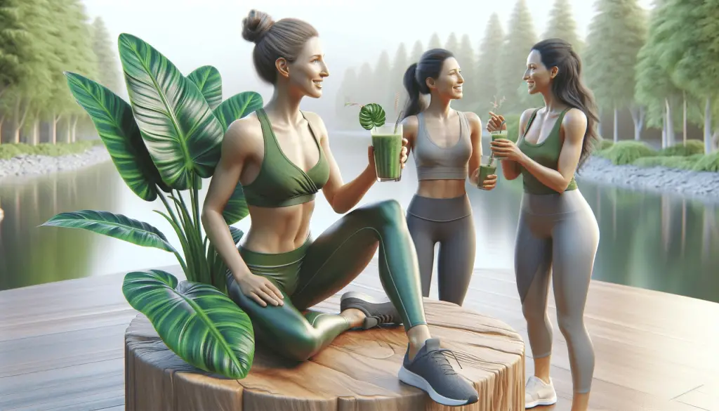 Informative image of a vibrant 25-year-old female in workout clothing, drinking a smoothie and talking with her friends.
