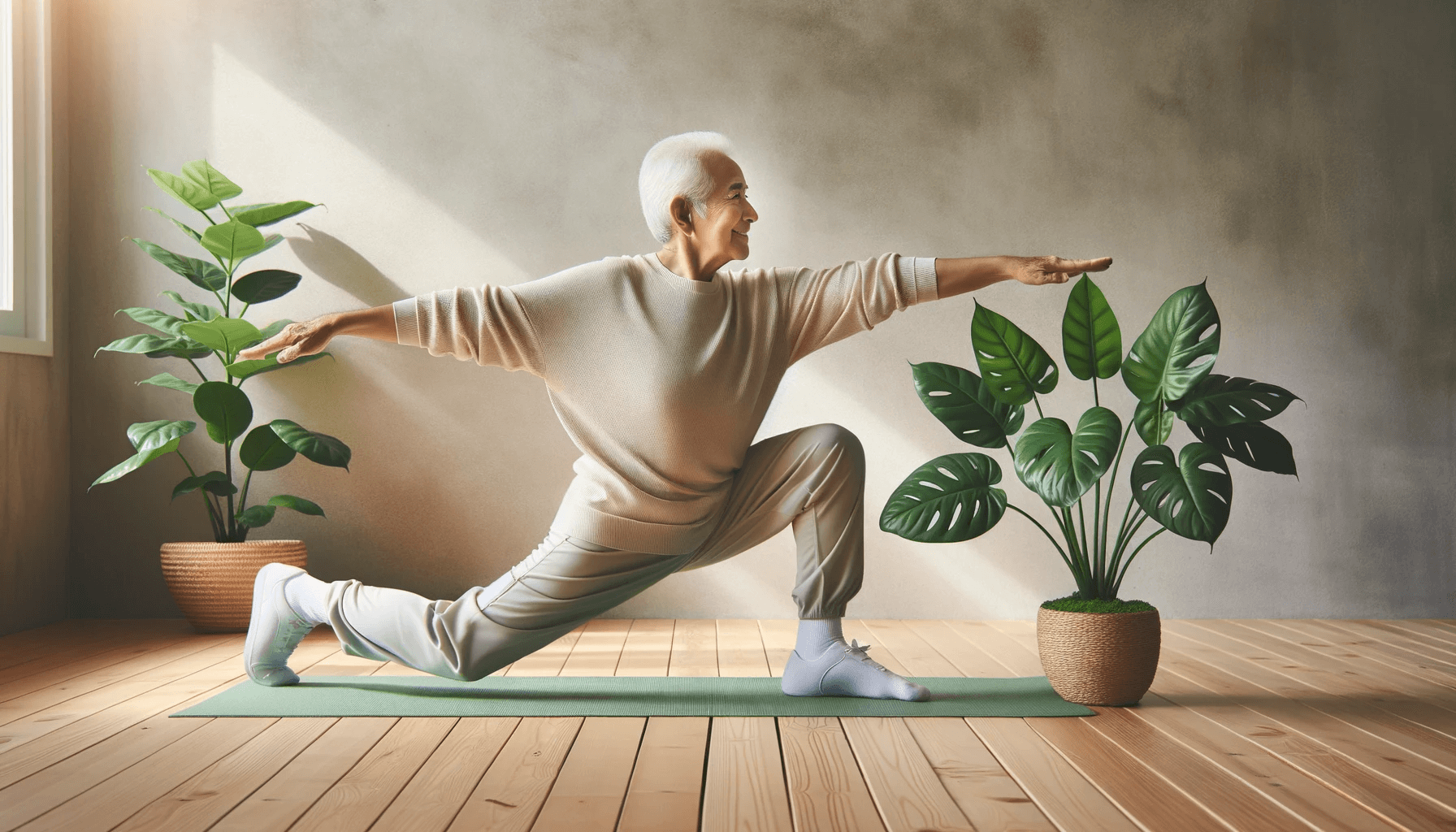 Elderly person over 75 years old performing flexibility exercises