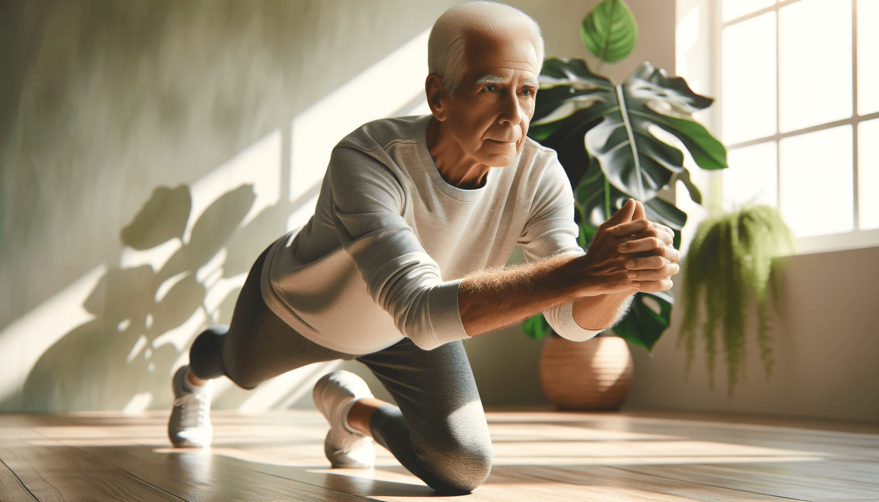 Senior individual over 75 years old diligently performing core strengthening exercises