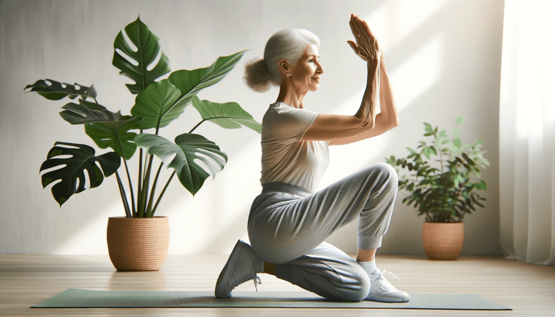 Senior individual over 75 years old performing balance exercises