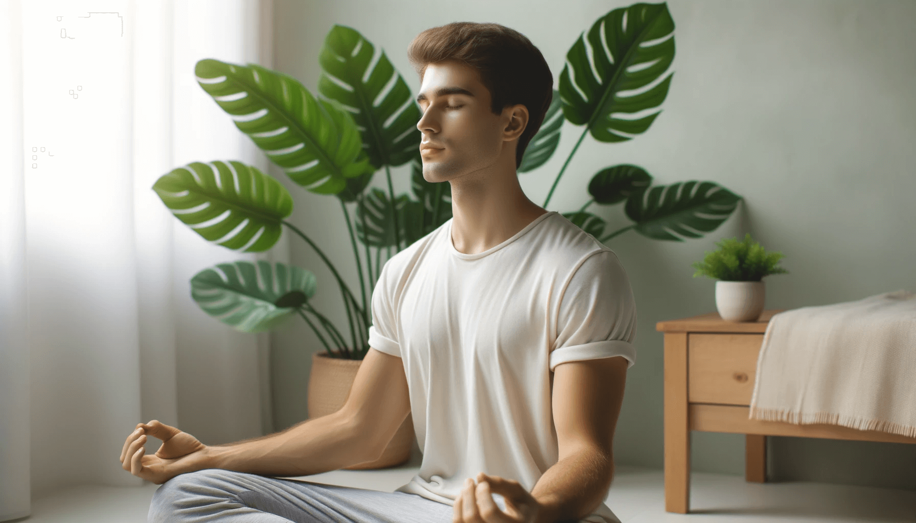 Young man practicing a breathing exercise.