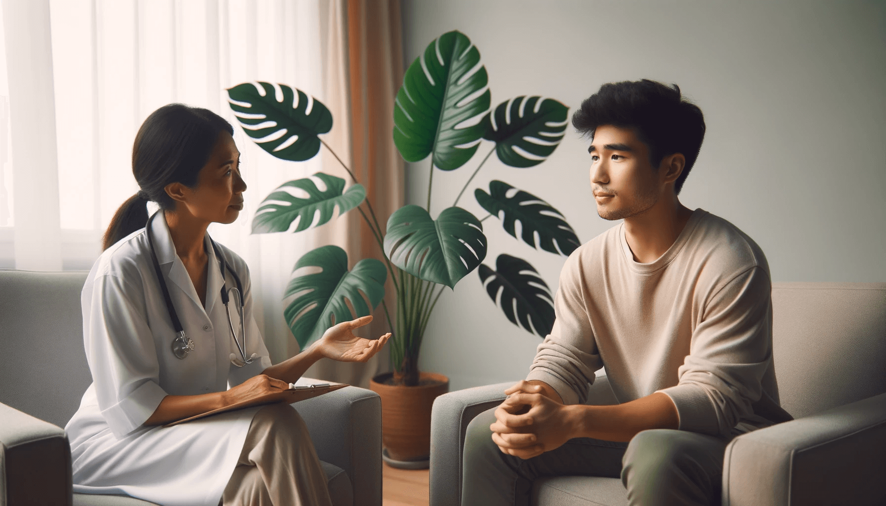 Young man speaking to a female psychiatrist