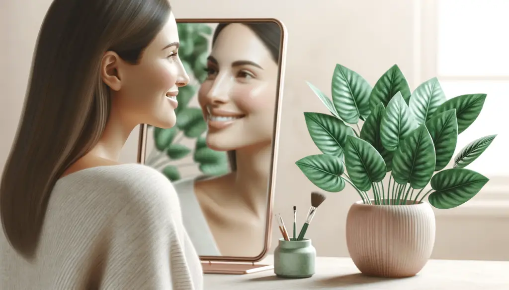 Informative image of a 30 year old female looking into a mirror and smiling at her reflection