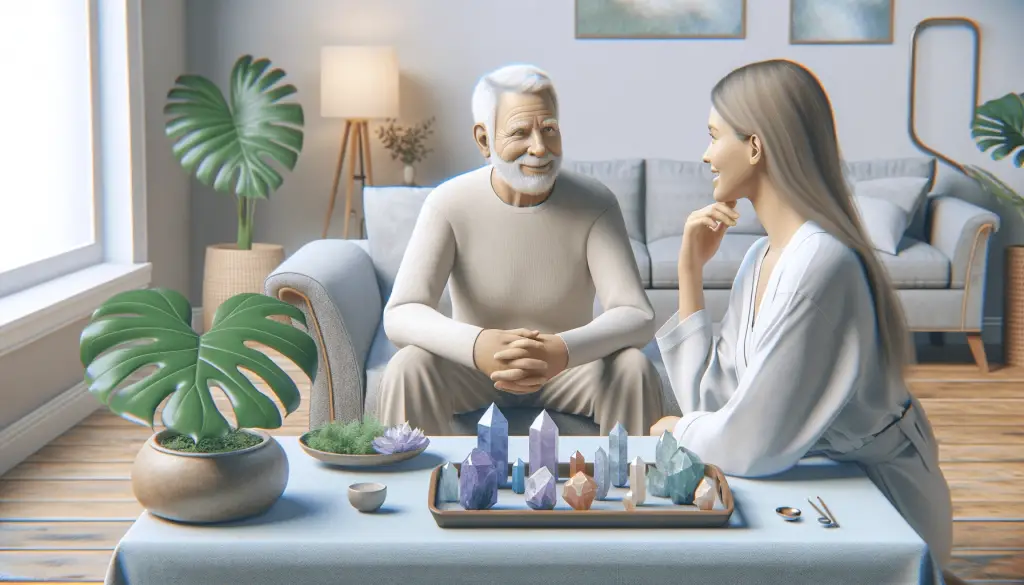 Informative image of an 80 year old man sitting next to a try of heading crystals as he talks to a femal new age therapist in a wellness clinic.