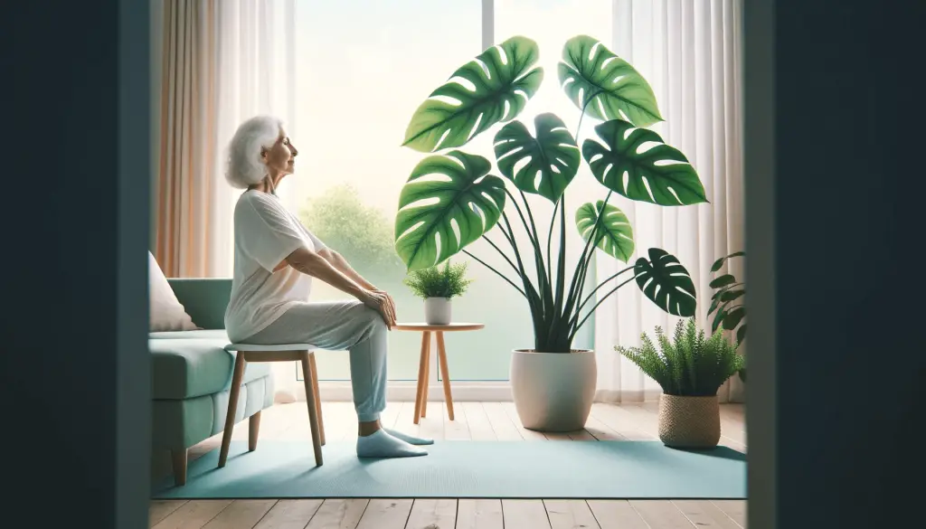 Informative image of an 80 year old woman doing chair yoga in her brightly light living room