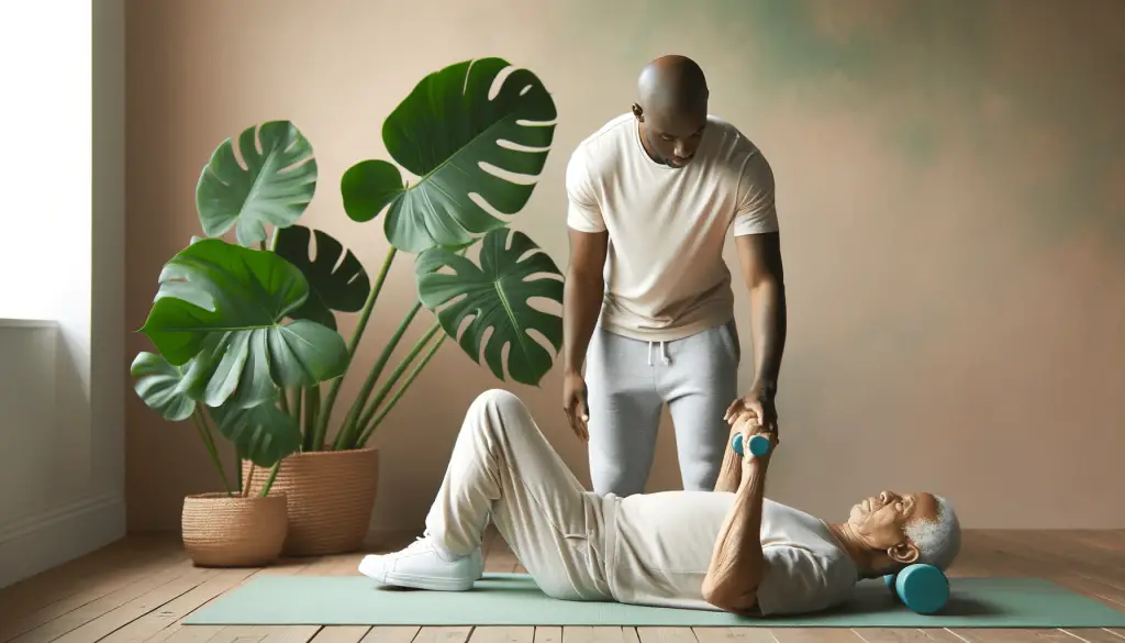 Informative image of an 80 year old black american male being taught exercises by a 30 year old male physical therapy assistant.