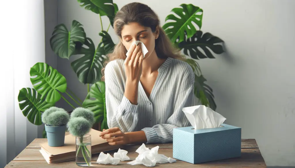 Informative image of a 25 year old female with watery inflamed eyes sitting at her desk at work with used tissues scattered around on her desk, along with a box of tissues.