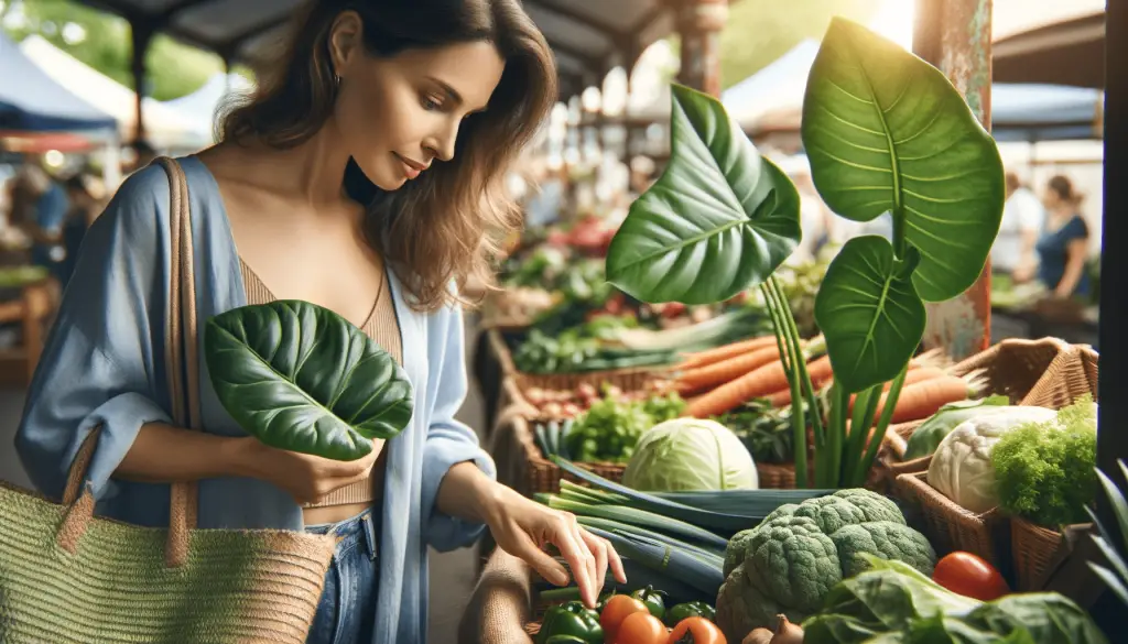 Informative image of a 30 year old woman looking a seasonal produce at a farmers market