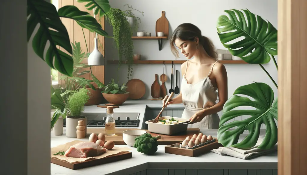 Informative image of a 25 year old woman making a casserole with lean cuts of meat