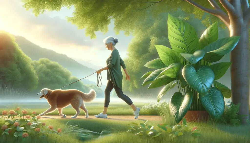 Informative image of a 60 year old woman taking her energetic dog for a walk.