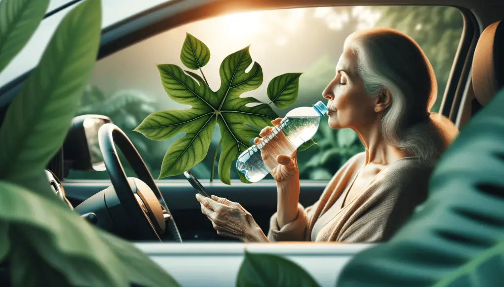 Informative image of a 50 year old lady drinking from a water bottle as she is seated in the drivers seat of her car