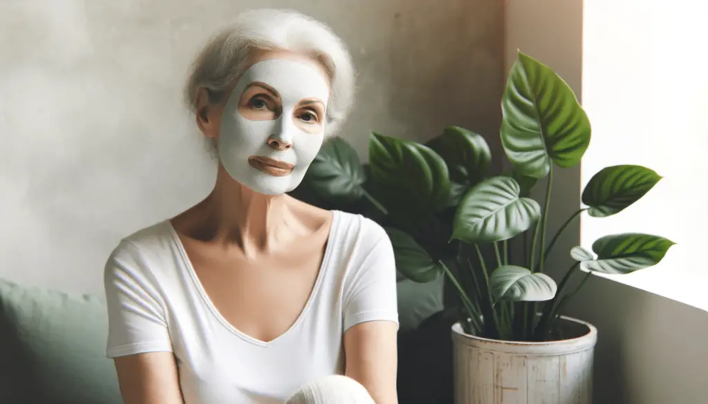 Informative image of a 50 year old woman with an aloe vera face mask on her face