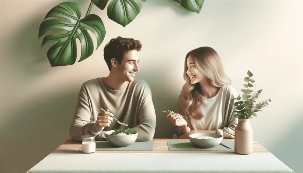 Informative image of a young couple having a meal and talking