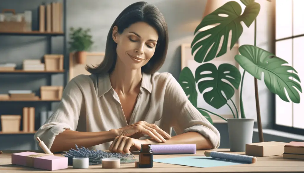 Informative image of a 40 year old woman in her office rolling lavender oil on her wrists.