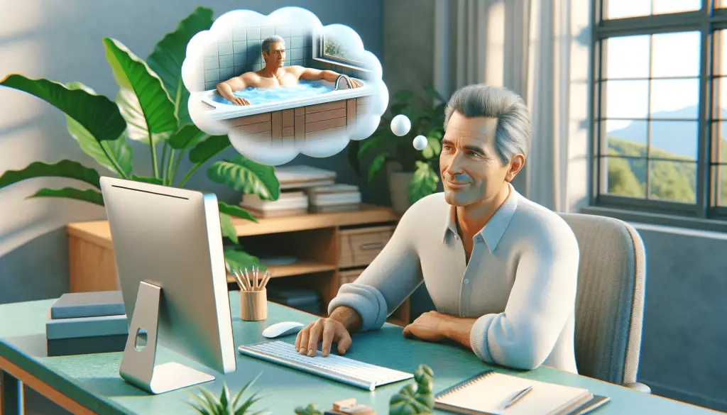 Informative image of a 50 year old man sitting at his desk in front of his computer with a thought bubble depicting him  relaxing in a hot tub.