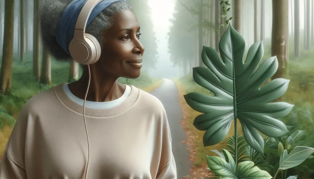 Informative image of a  black american 60 year old woman going for a walk with headphone on.