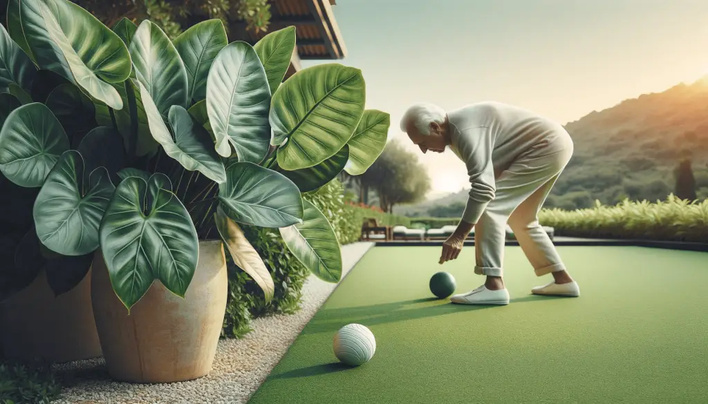 Informative image of an 70 year old man bending down to launch a bocce ball on a turf.