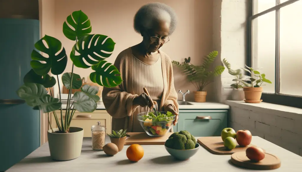 Informative image of a black american 70 year old woman making a fruit salad in her kitchen