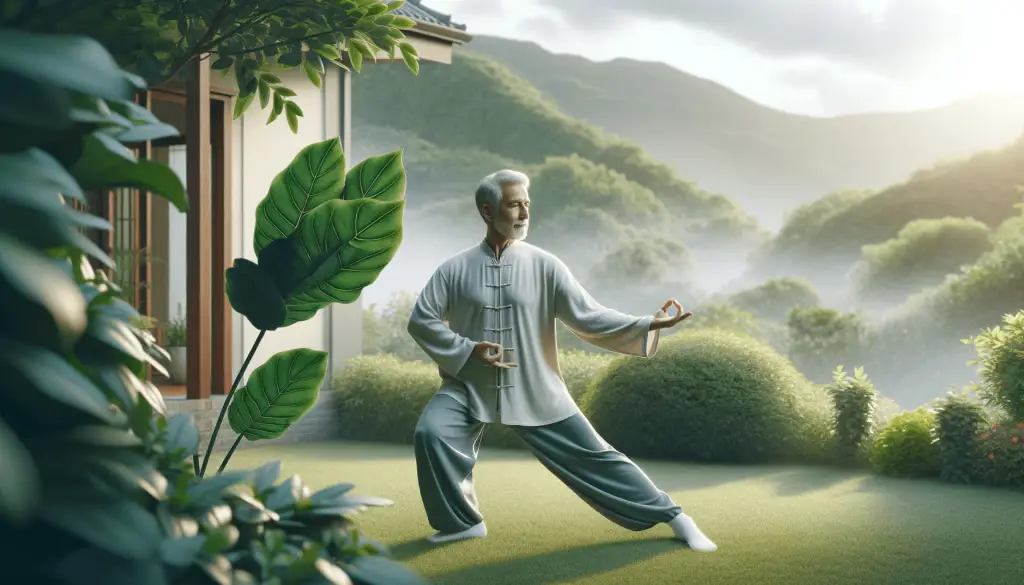 Informative image of a 70 year old male practicing tai chi in his yard.