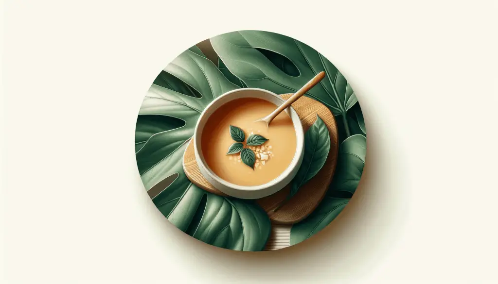 Informative image of a delicious bowl of soup. The backdrop includes a slightly saturated philodendron leaf, and the image's light tones convey a sense of well-being, calm, and happiness, making it suitable for a health and wellness website.