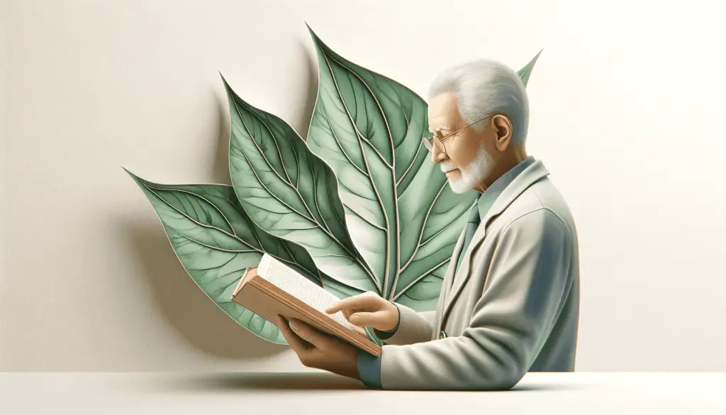 Informative image of an elderly professor studying a book. The landscape-oriented image includes a slightly saturated philodendron leaf in the backdrop, with light tones that convey a sense of well-being, calm, and happiness, making it suitable for a health and wellness website.
