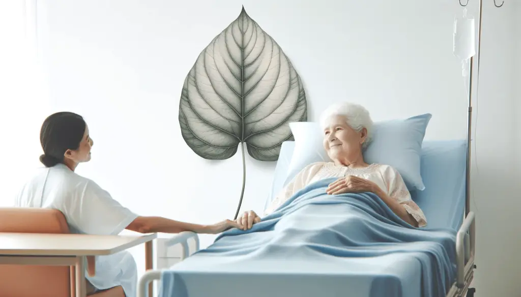 Informative image of an elderly person lying in a hospital bed with their grandchild visiting. The landscape-oriented image includes a slightly saturated philodendron leaf in the backdrop, with light tones that evoke a sense of well-being, calm, and happiness, suitable for a health and wellness website.
