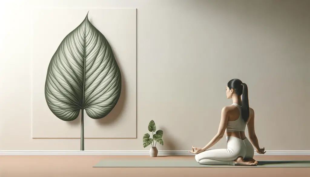 Informative image shows a woman doing yoga, set against a backdrop that includes a slightly saturated philodendron leaf. The light tones in the image create a sense of well-being, calm, and happiness, making it ideal for a health and wellness website.