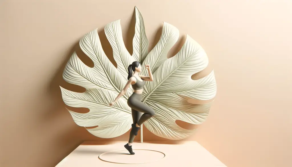 Informative image illustrates a woman doing aerobics, set against a backdrop that includes a slightly saturated philodendron leaf. The light tones in the image are designed to reflect well-being, calm, and happiness, making it suitable for a health and wellness website.