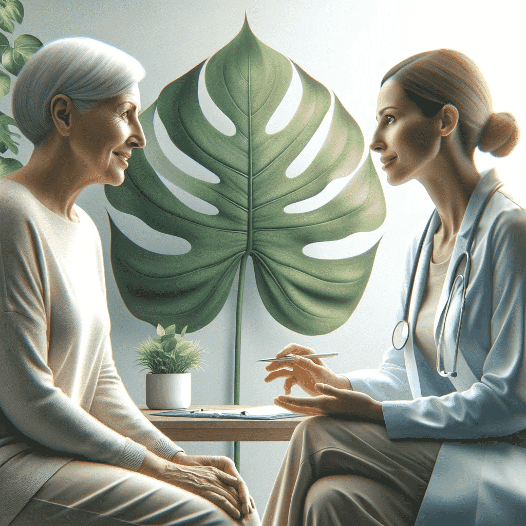Informative image featuring a 60-year-old woman talking to her female doctor, set against a backdrop with a philodendron leaf, designed to reflect a sense of well-being and calm.

