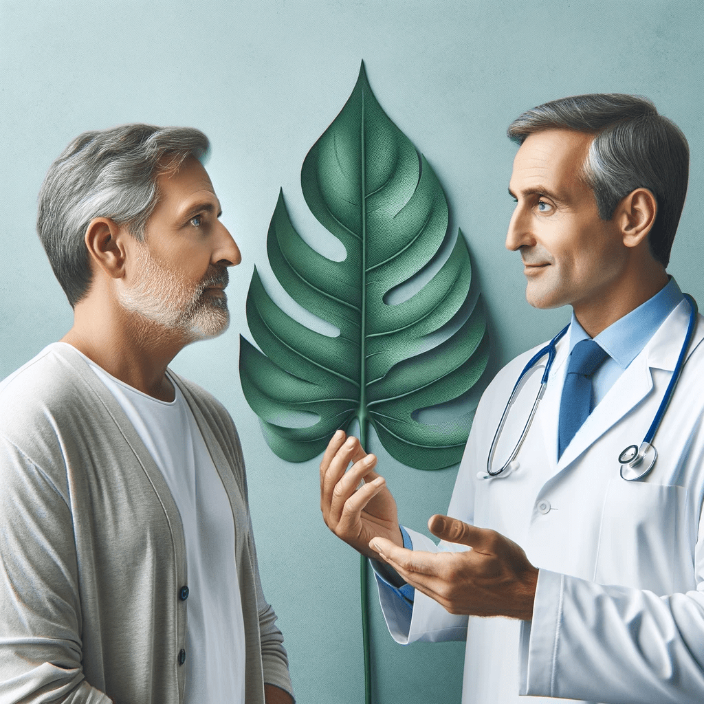 mage of a 60-year-old man talking to his male doctor, with a philodendron leaf backdrop that complements the theme of well-being and calm.