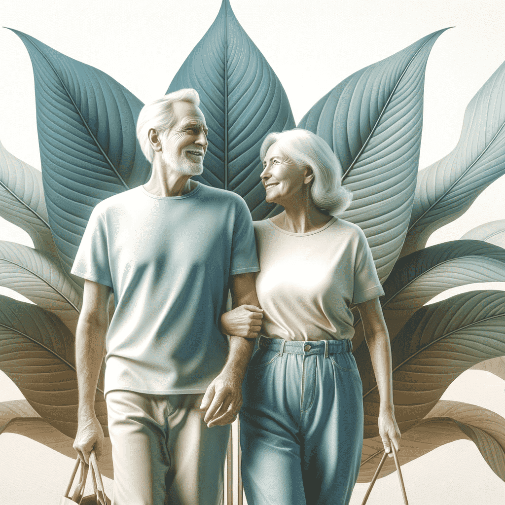 Informative mage of a 60-year-old man talking to his male doctor, with a philodendron leaf backdrop that complements the theme of well-being and calm.